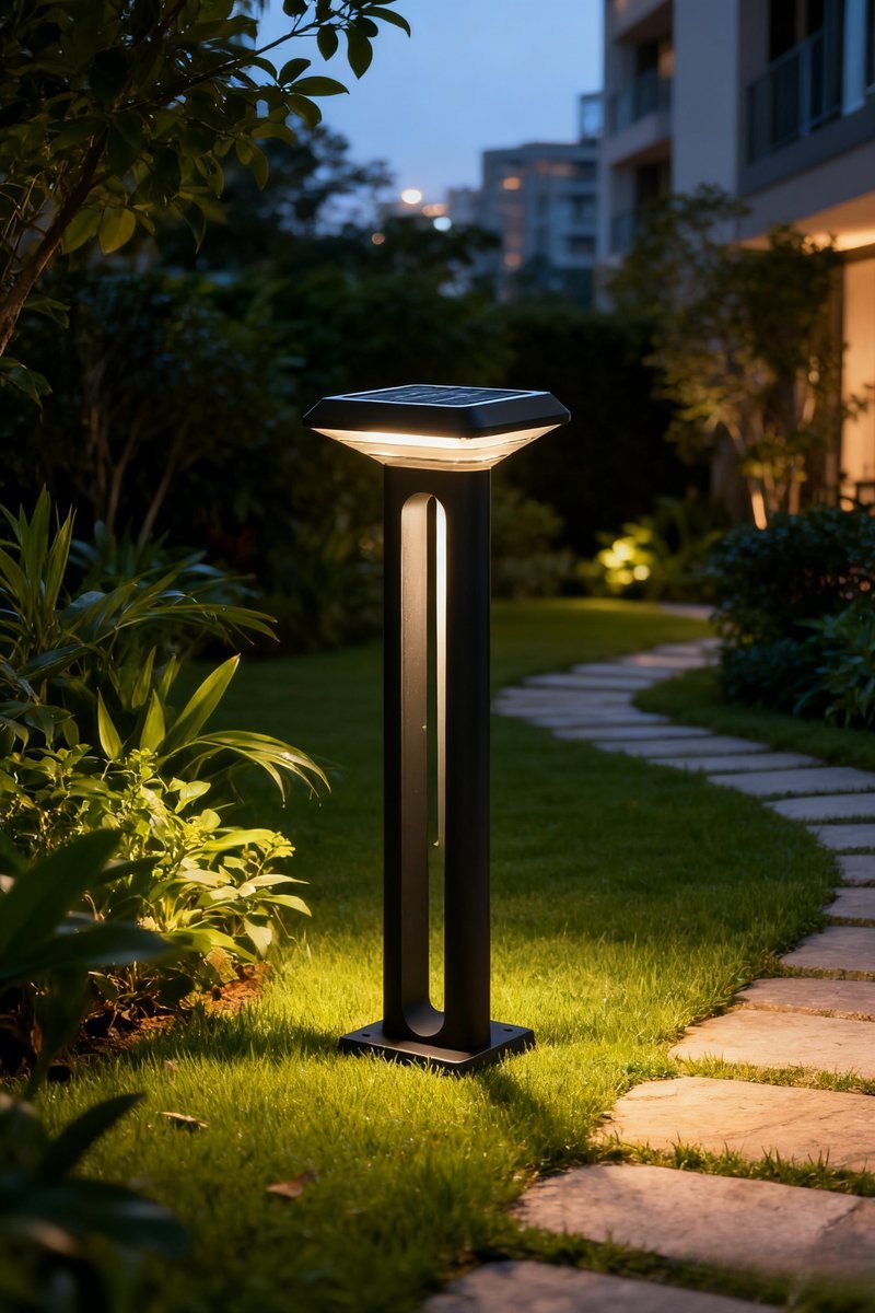 Solar garden bollard lit at dusk along a stepping-stone path