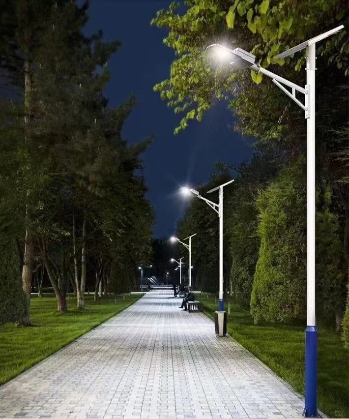 Park path lit by tilted-panel solar street lights